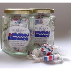 Hexagonal Glass Jar Containing Personalised Rock Sweets